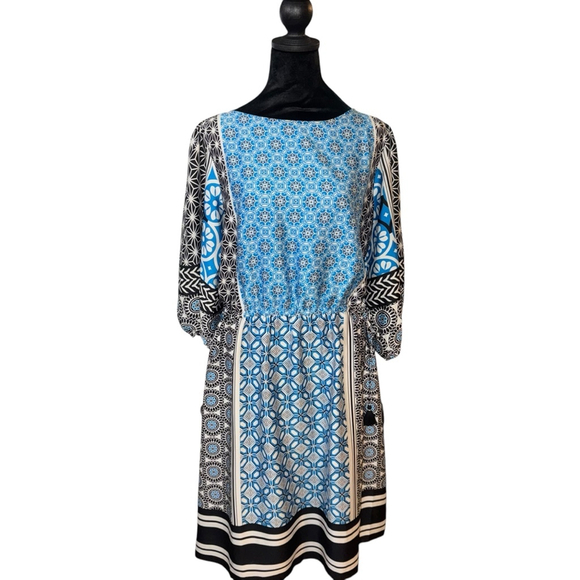 LOFT Tassel Boho Dress Size L Blue Geometric mosaic Tie - Picture 3 of 9